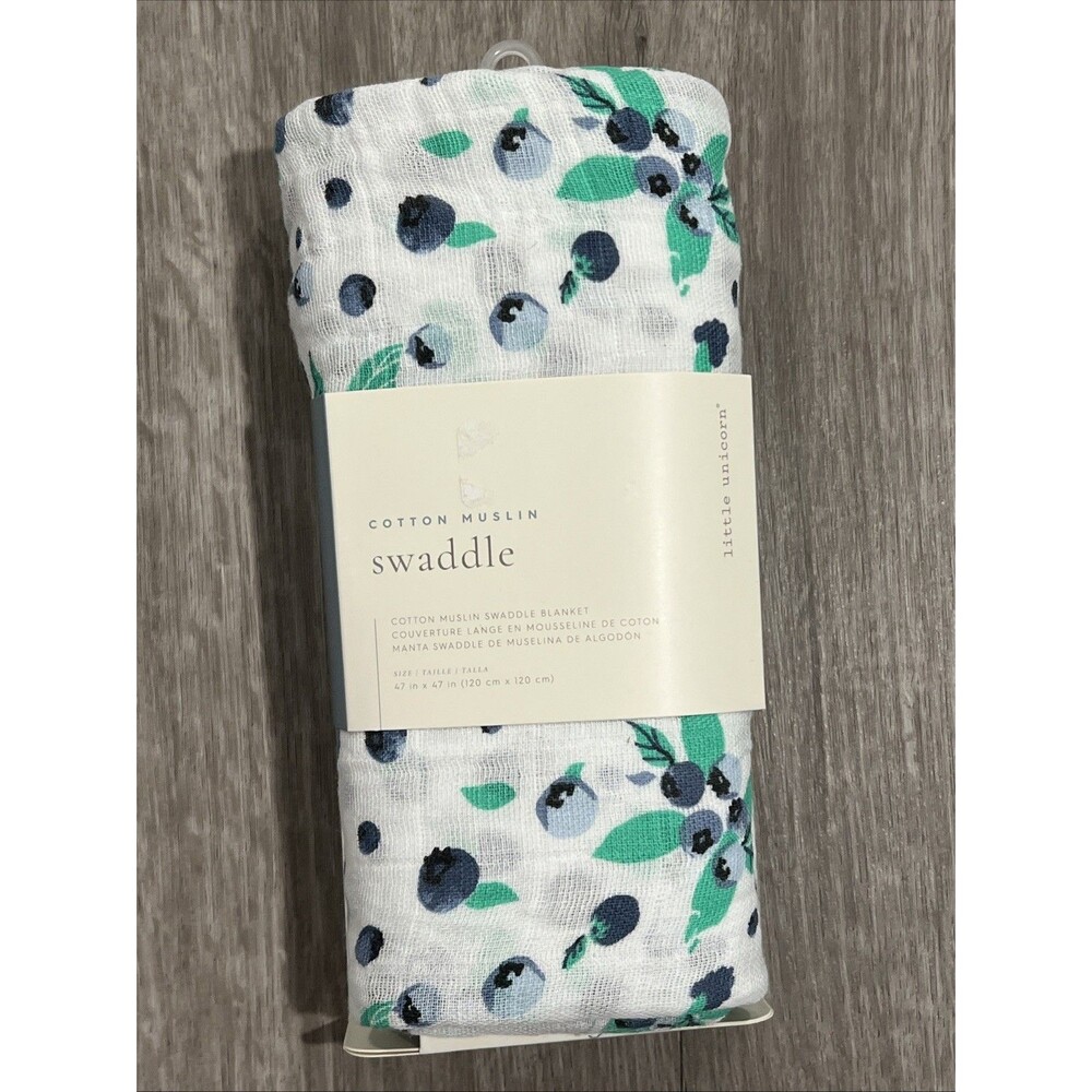 Little Unicorn Blueberries Muslin Swaddle Baby Blanket 100 % Cotton Blue Green